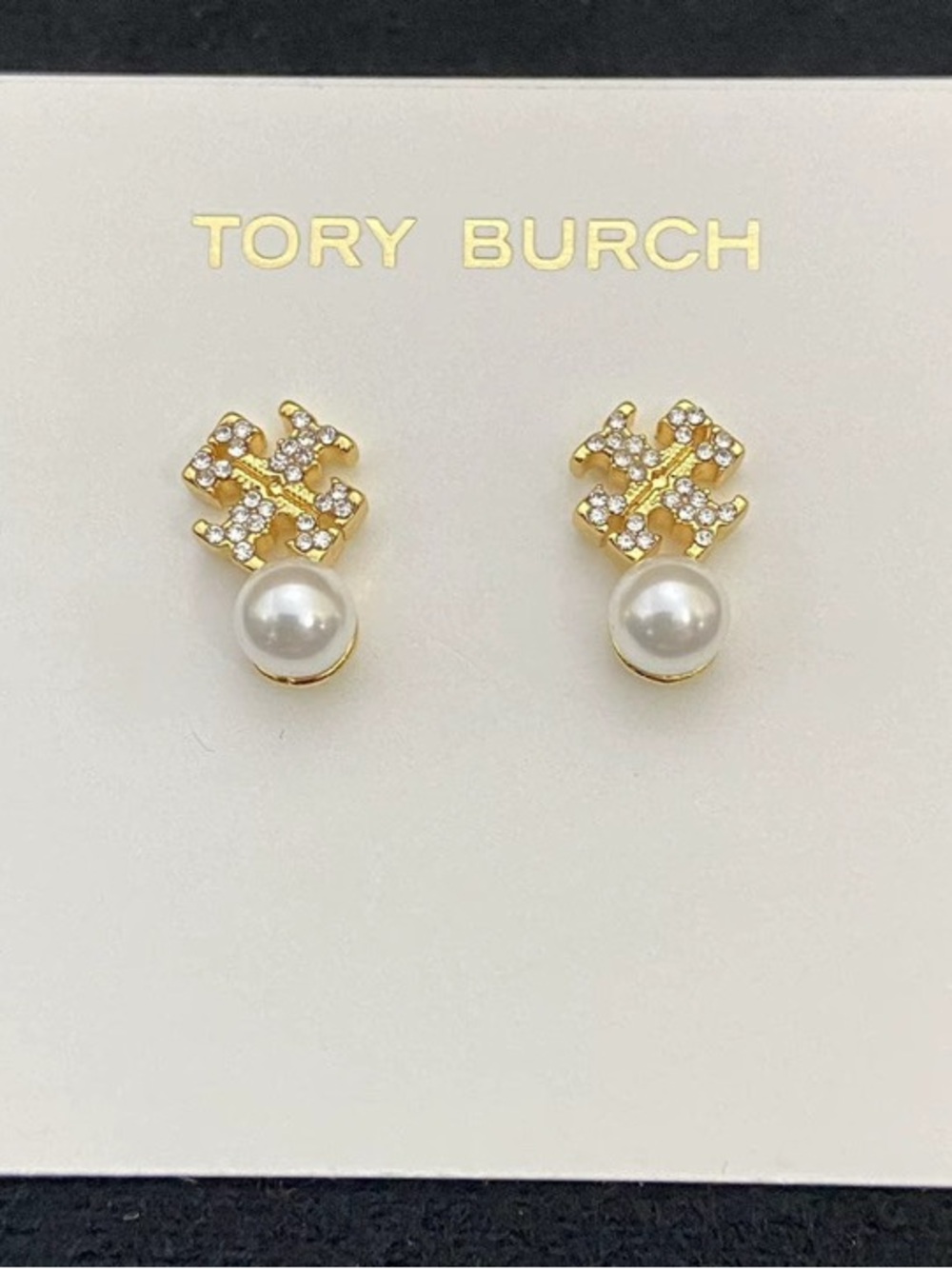 Tory Burch Gold and Tiny White Pearl Crystal Logo Stud Earrings
